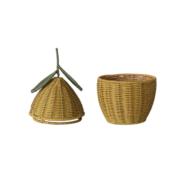 Hand-Woven Rattan Lemon Shaped Basket with Lid, Yellow & Green