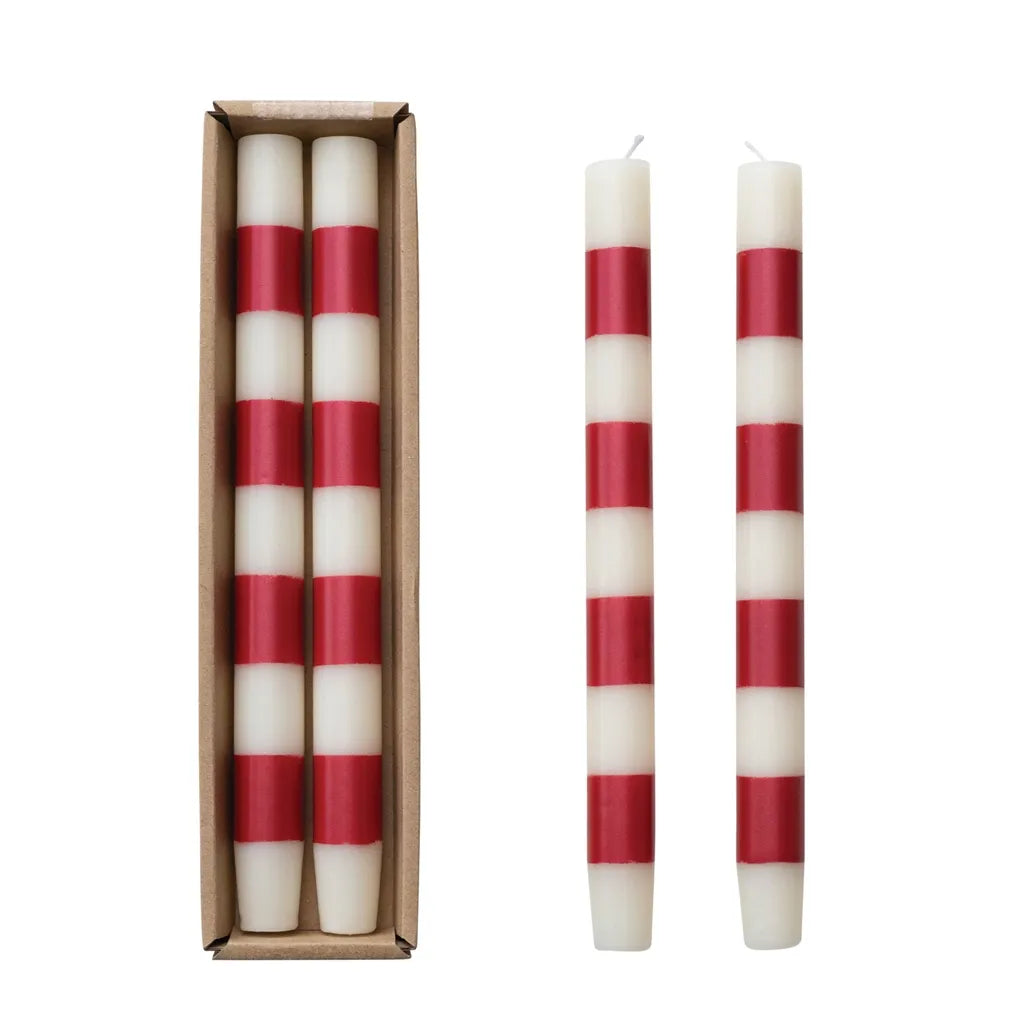 10"H Unscented Taper Candles w/ Stripes in Box, Cream Color & Red