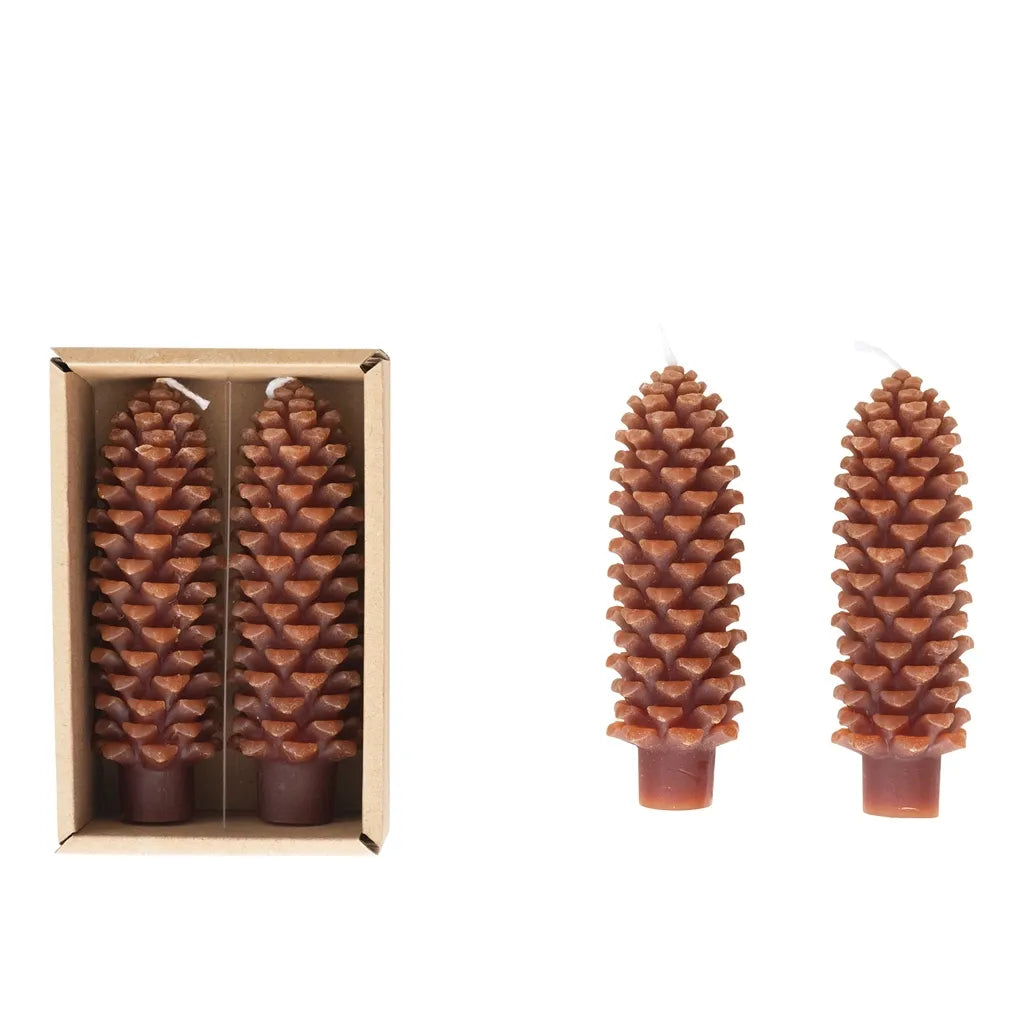 5"H Unscented Pinecone Shaped Taper Candles In Box, Brown, Set of 2