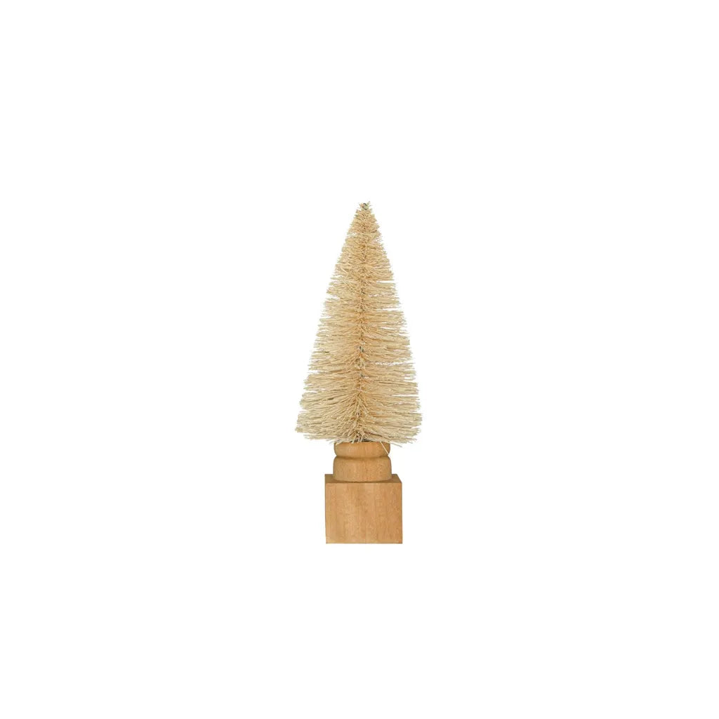 3" Round x 8"H  Bottle Brush Tree w/ Carved Wood Base, Cream Color