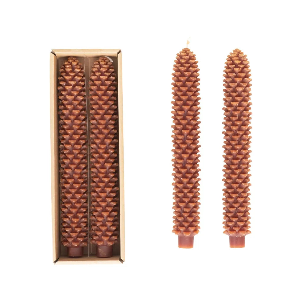 10"H Unscented Pinecone Shaped Taper Candles In Box, Brown, Set of 2