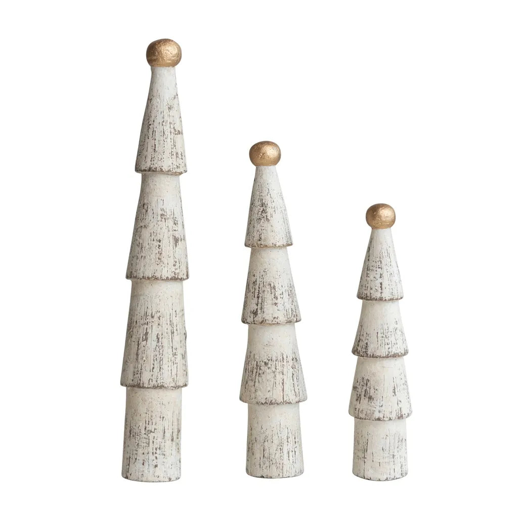 Handmade Paper Mache Trees w/ Gold Ball Top, Distressed Cream Color,