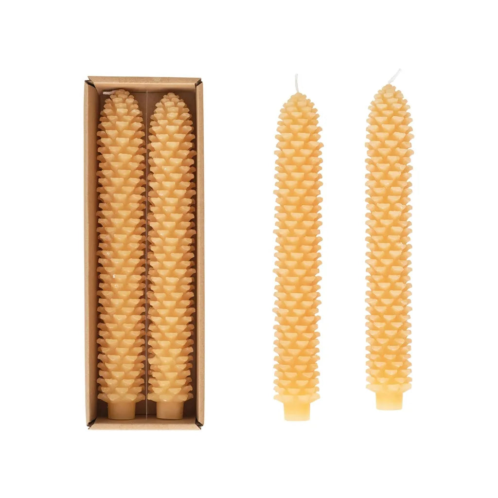 10"H Unscented Pinecone Shaped Taper Candles In Box, Wheat Color, Set of 2