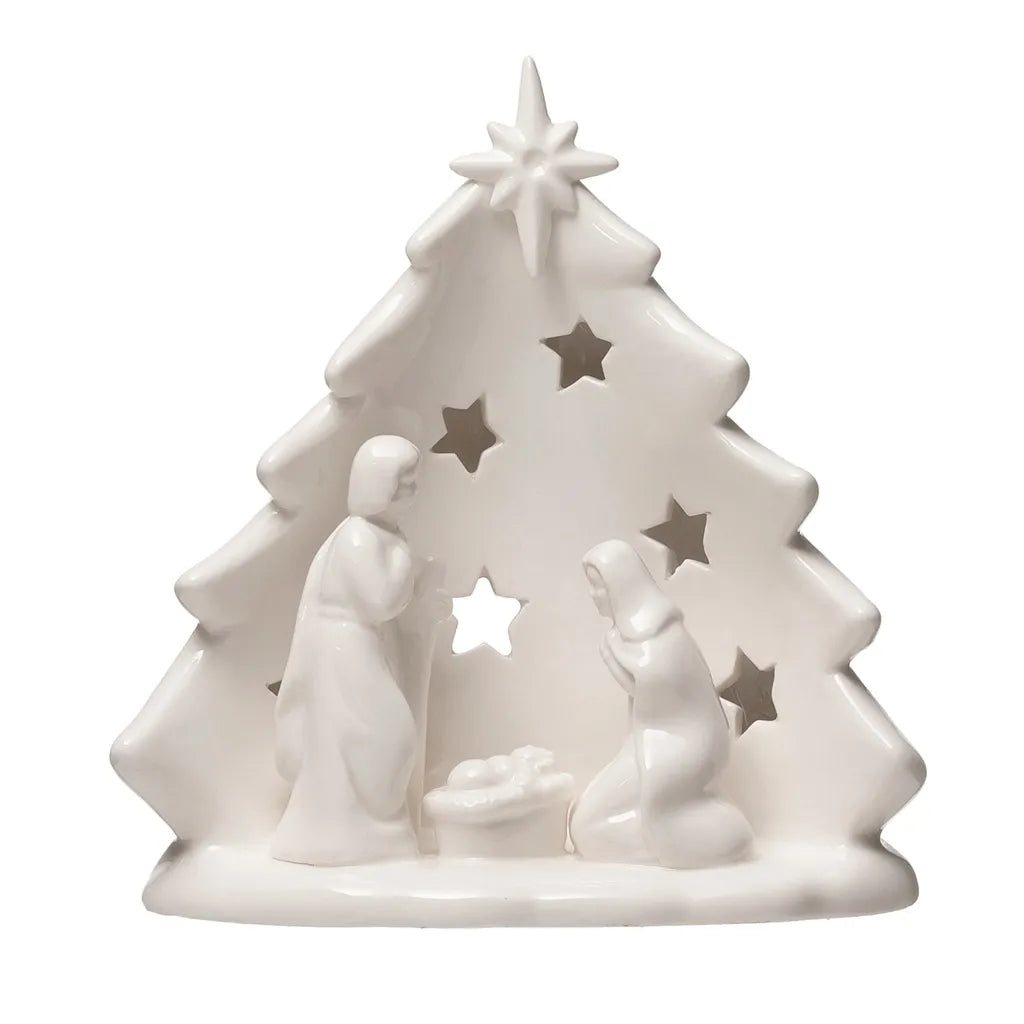 Stoneware Holy Family w/ Tree & Cut-Outs, White