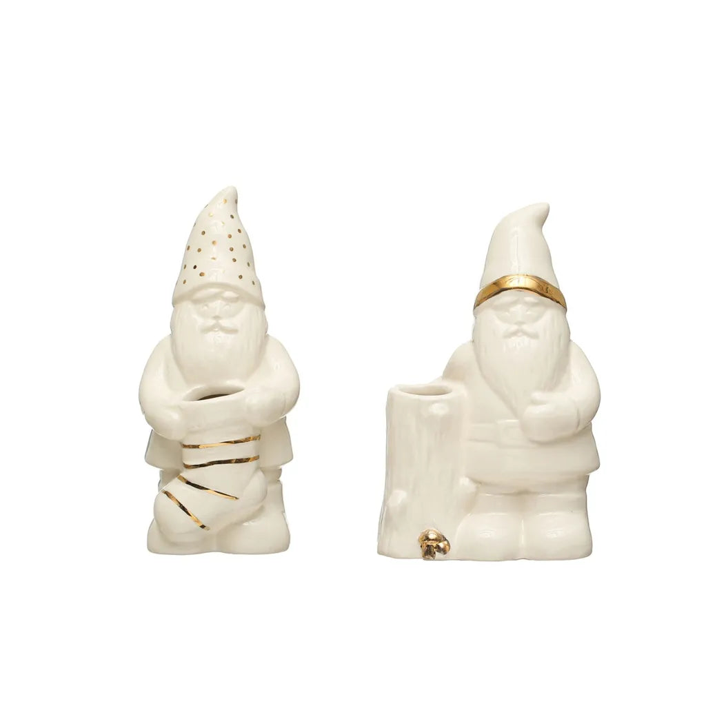 4-3/4"H - 5"H Stoneware Gnome & Stocking/Log Vase w/ Gold Electroplating, White