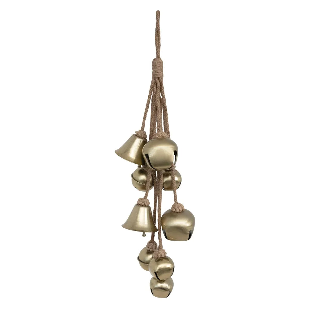 16"H Metal Bell Cluster w/ Jute Rope, Antique Brass Finish