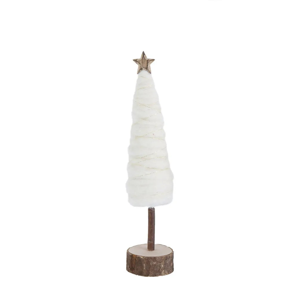13"H Wool Christmas Tree w/ Star & Wood Slice Base, Cream Color