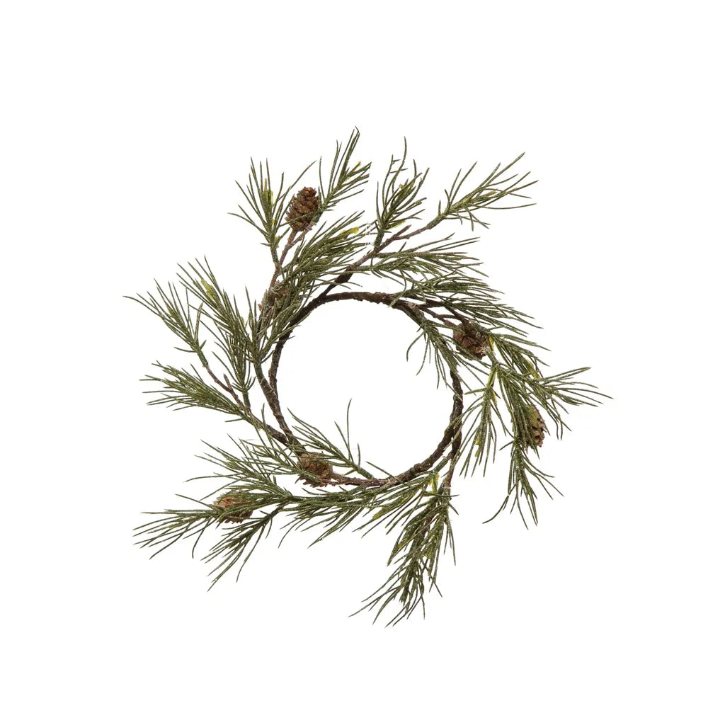10" Round Faux Jack Pine Wreath w/ Natural Pinecones & Glitter