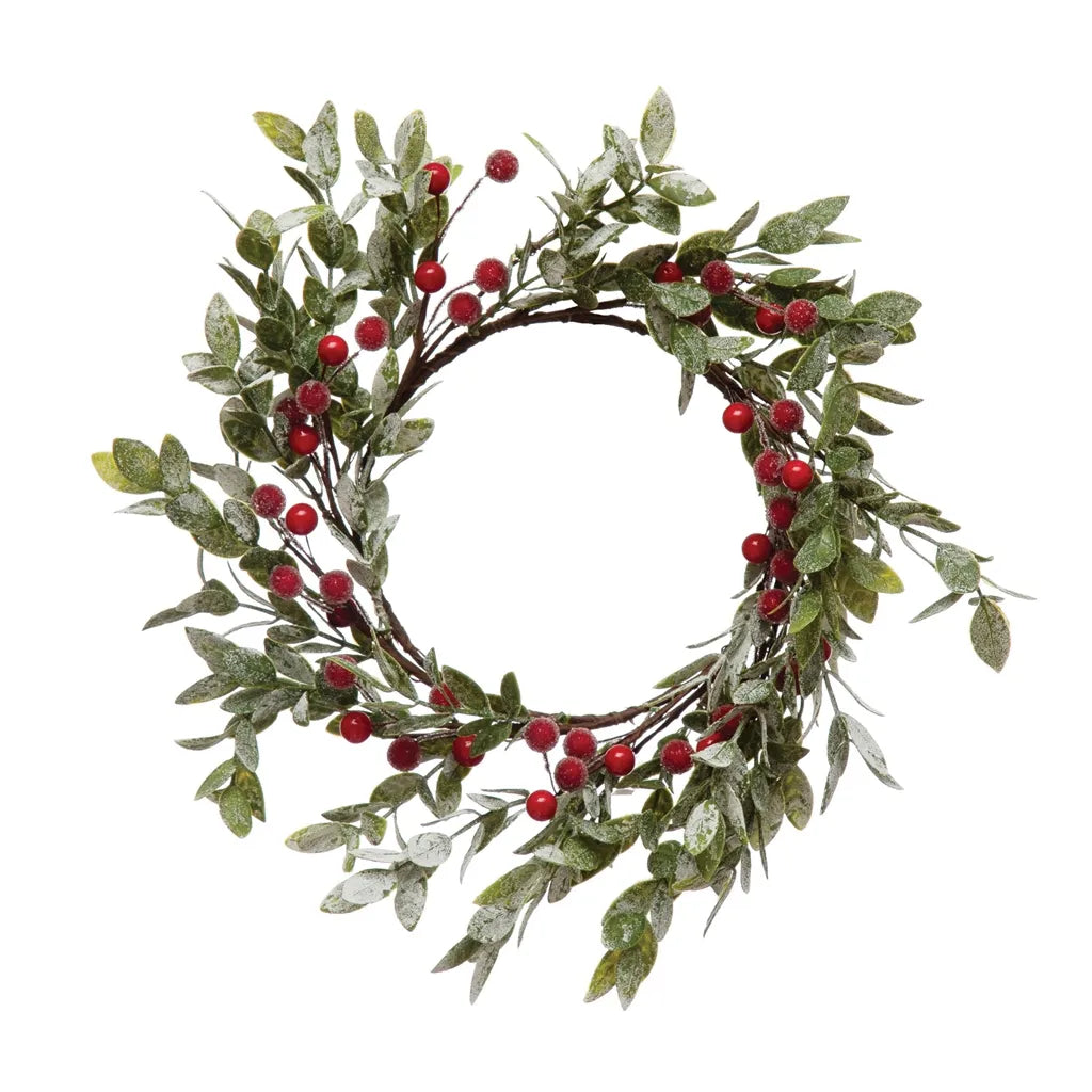 14" Round Faux Leaves & Red Berry Wreath, Frost Finish