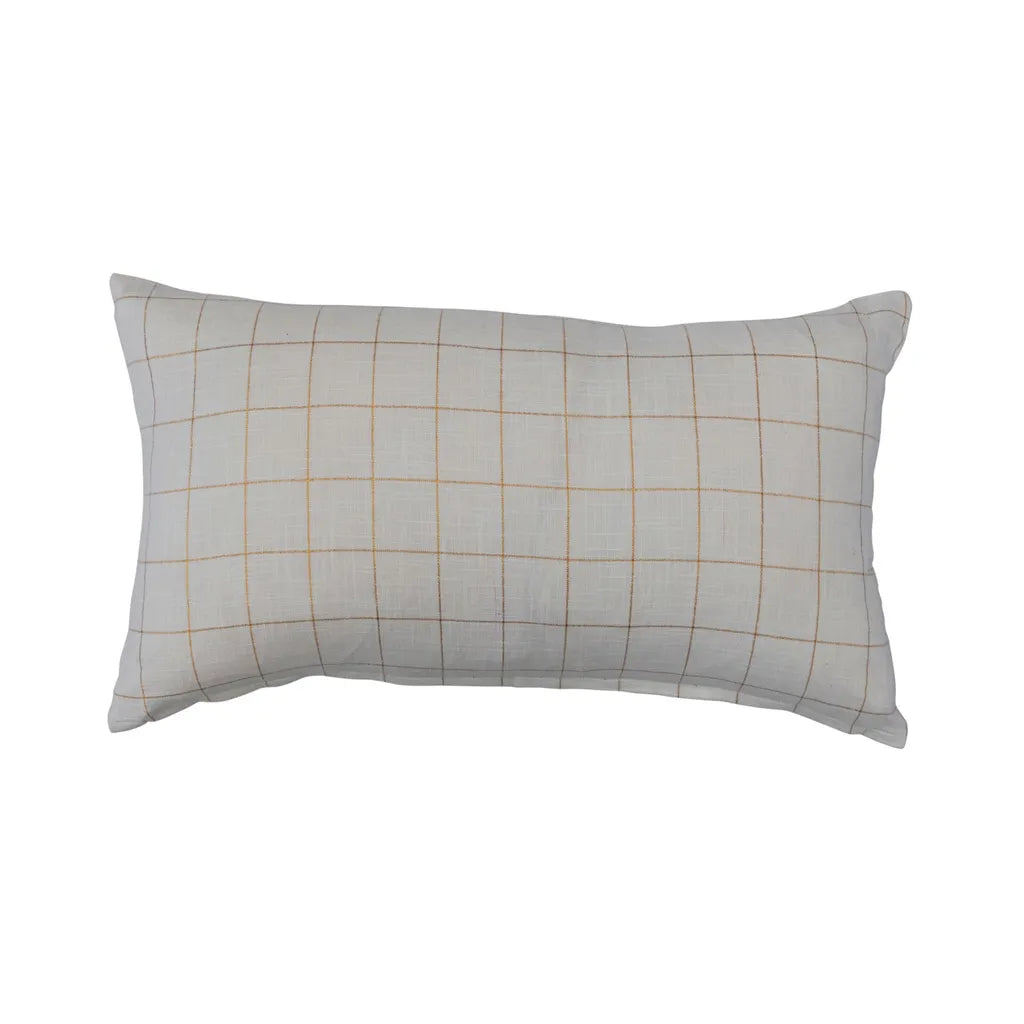 24"L x 14"H Woven Cotton Lumbar Pillow w/ Grid Pattern & Metallic Gold Thread, Cream Color
