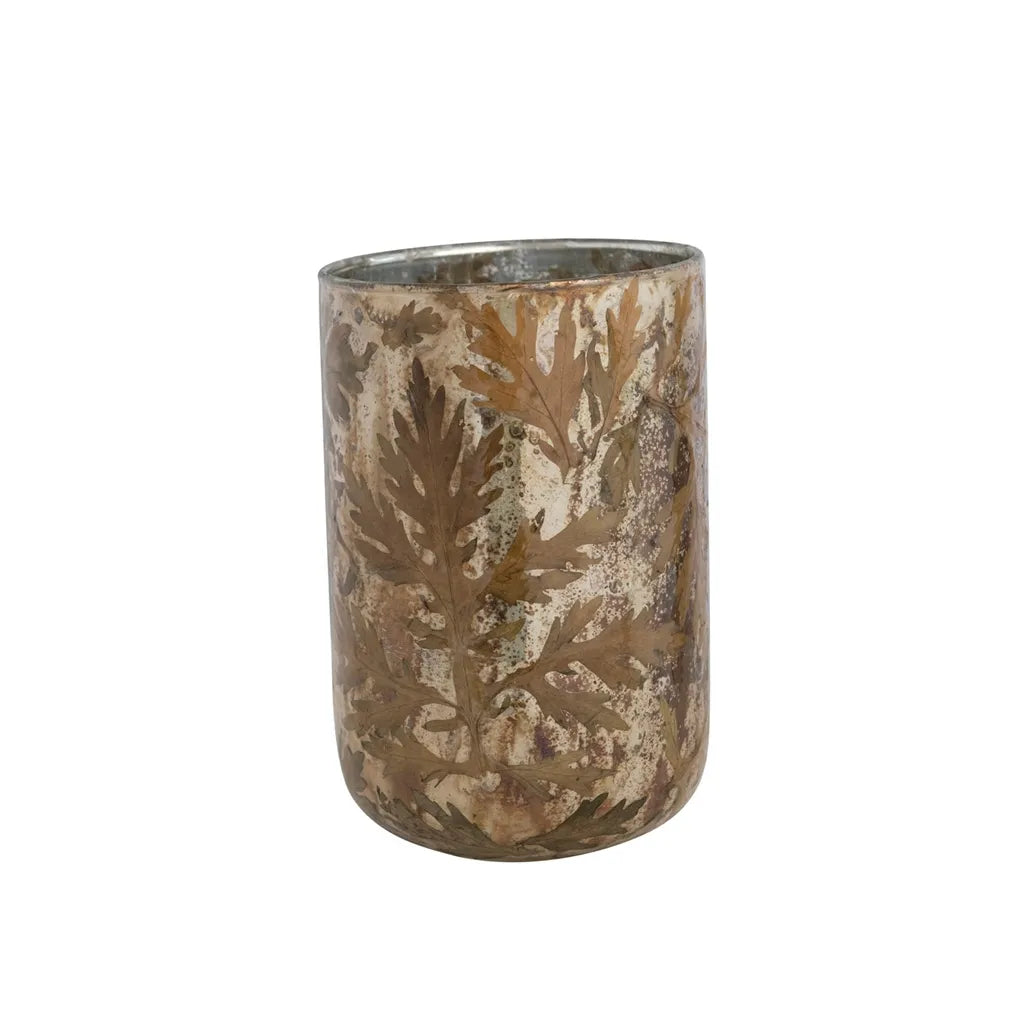 Mercury Glass Hurricane/Vase w/ Embedded Natural Oak Leaves, Antique Gold Finish