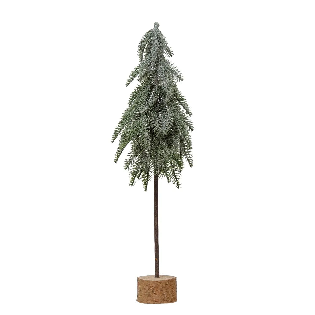 8" Round x 31-1/2"H Plastic Pine Tree with Wood Slice Base, Snow Finish
