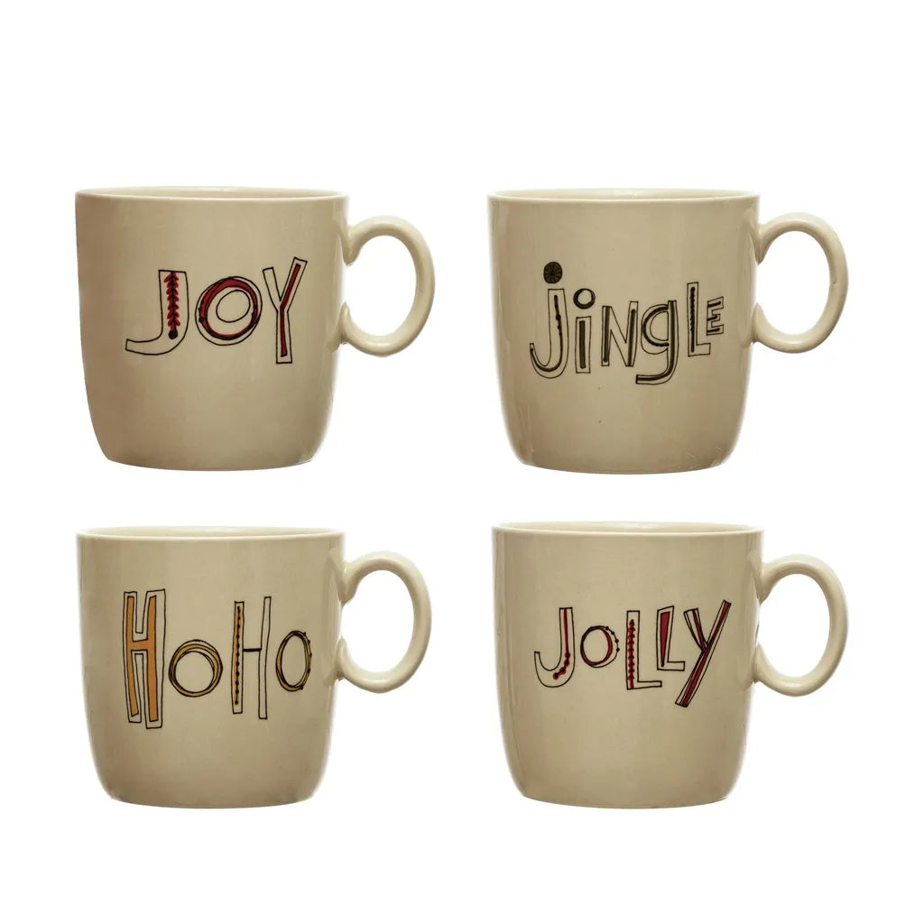 4" Round x 4"H Stoneware Mug with Holiday Word, Multi Color