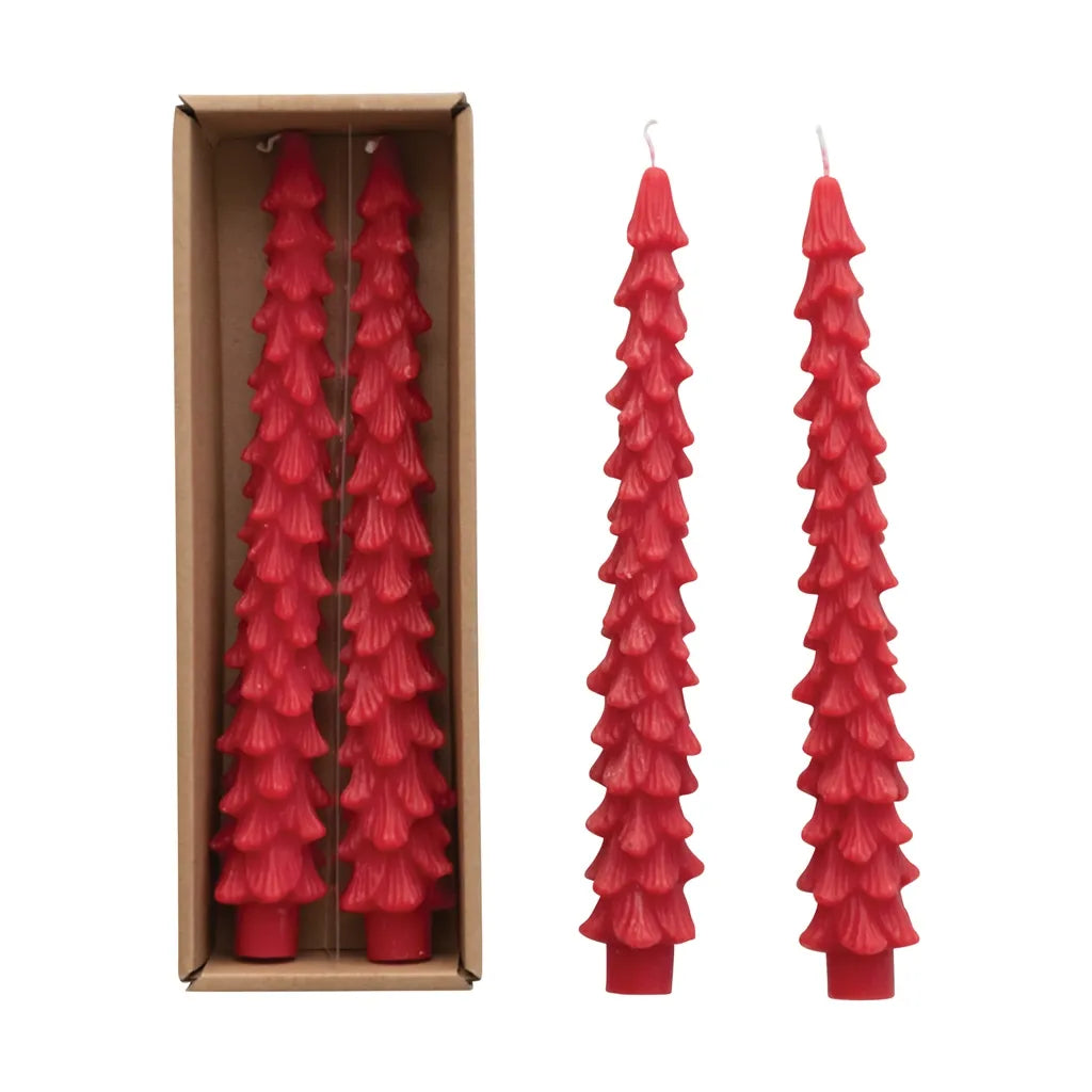 10"H Unscented Tree Shaped Taper Candles In Box, Holly Berry Color
