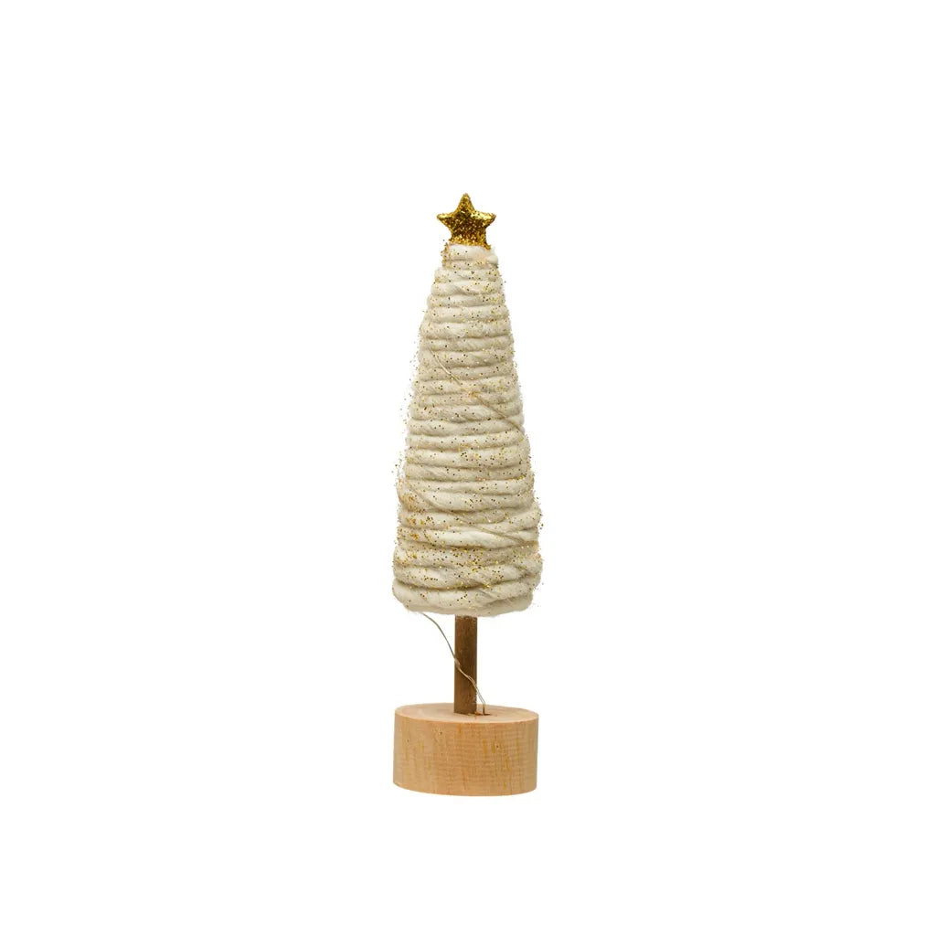 2" Round x 9-3/4"H Wool Tree w/ 5 LED Lights, Gold Star & Wood Base, Cream Color