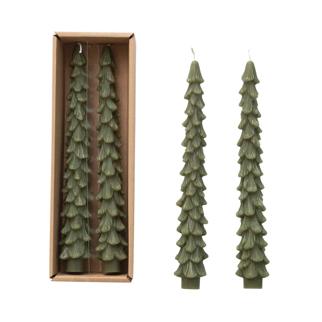 10"H Unscented Tree Shaped Taper Candles In Box, Evergreen Color