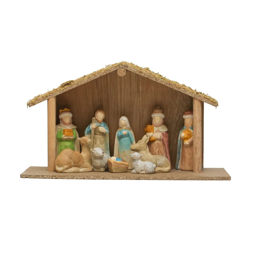 13-1/4"L x 5-1/2"W x 8-1/2"H Wood Creche w/ 1-1/2"H - 4"H Nativity