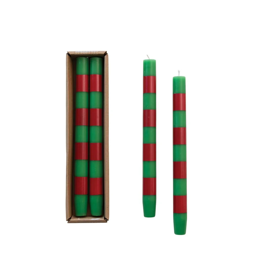 10"H Unscented Taper Candles w/ Stripes in Box, Green & Red