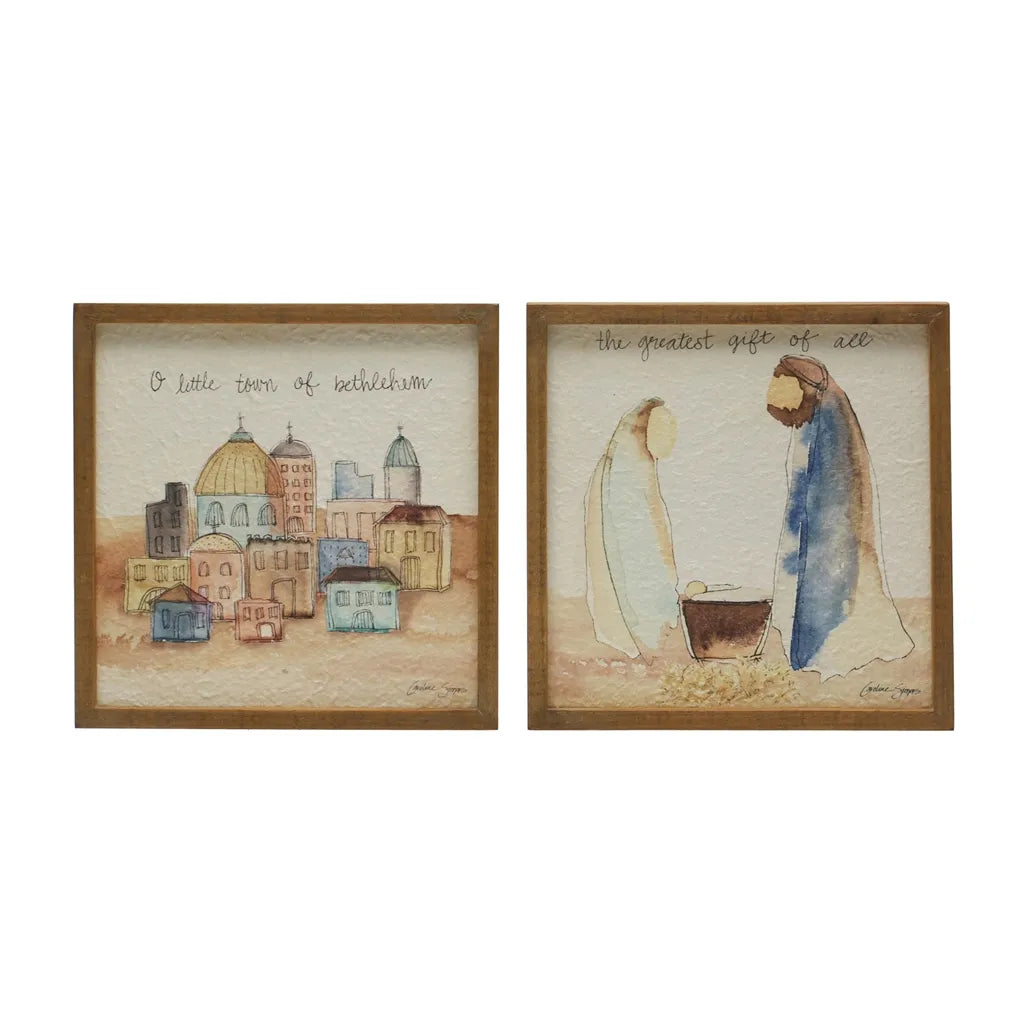 10" Square Fir Wood Framed Wall Decor w/ Holy Family/Bethlehem
