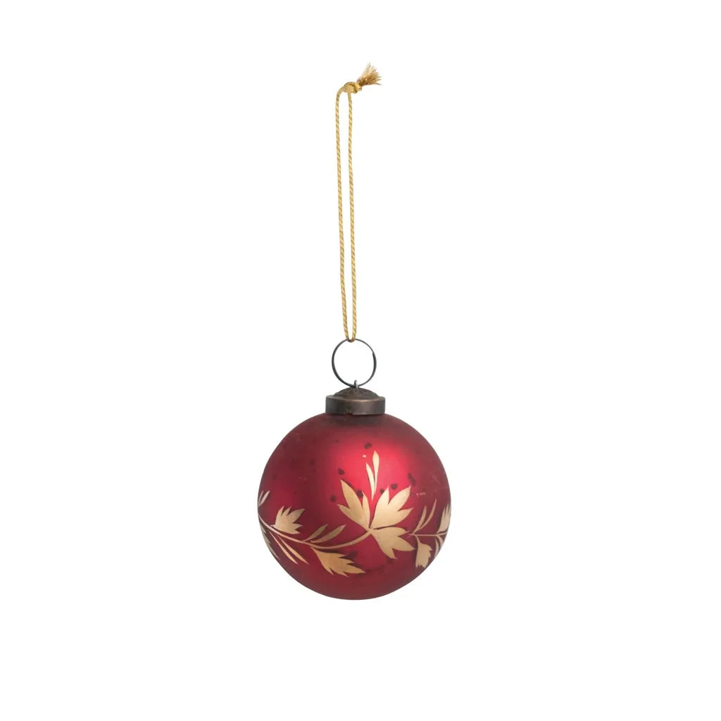 3" Round Hand-Painted Mercury Glass Ball Ornament w/ Leaves, Burgundy & Gold Finish