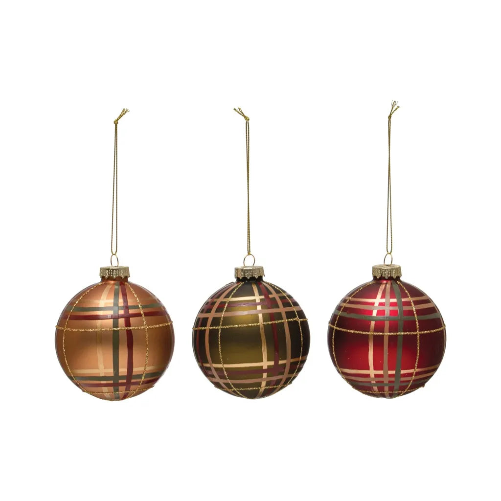 3" Round Hand-Painted Glass Ball Ornament w/ Glitter, Multi Color Plaid