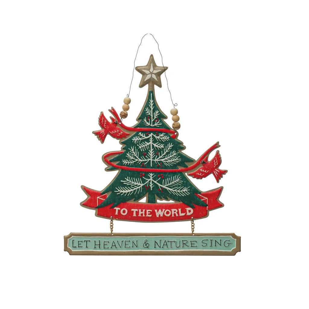 13"W x 14-1/2"H Embossed Metal Christmas Tree Wall Hanging "Joy To The World...", Multi Color