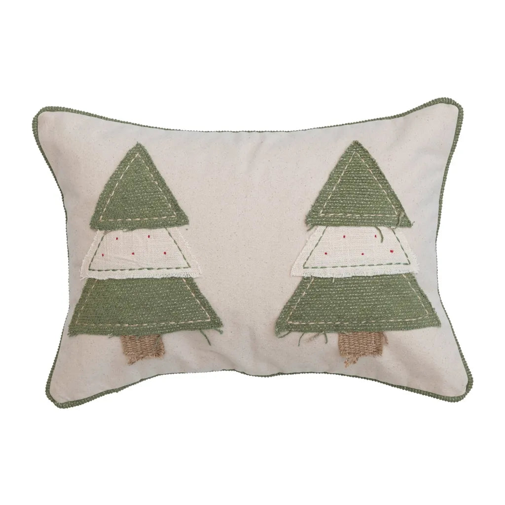 20"L x 14"H Cotton Lumbar Pillow w/ Appliqued Trees, Green & Cream
