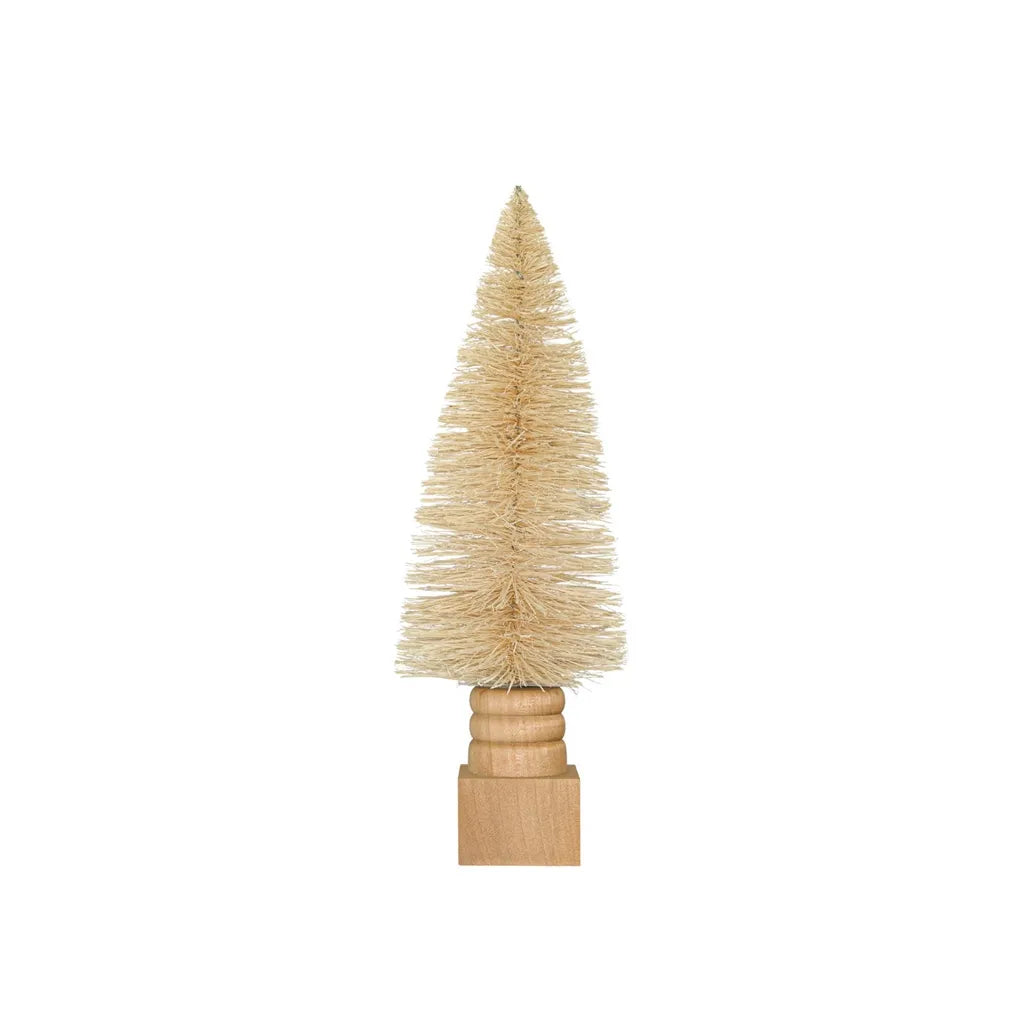 3-3/4" Round x 11"H Sisal Bottle Brush Tree w/ Carved Wood Base, Cream Color