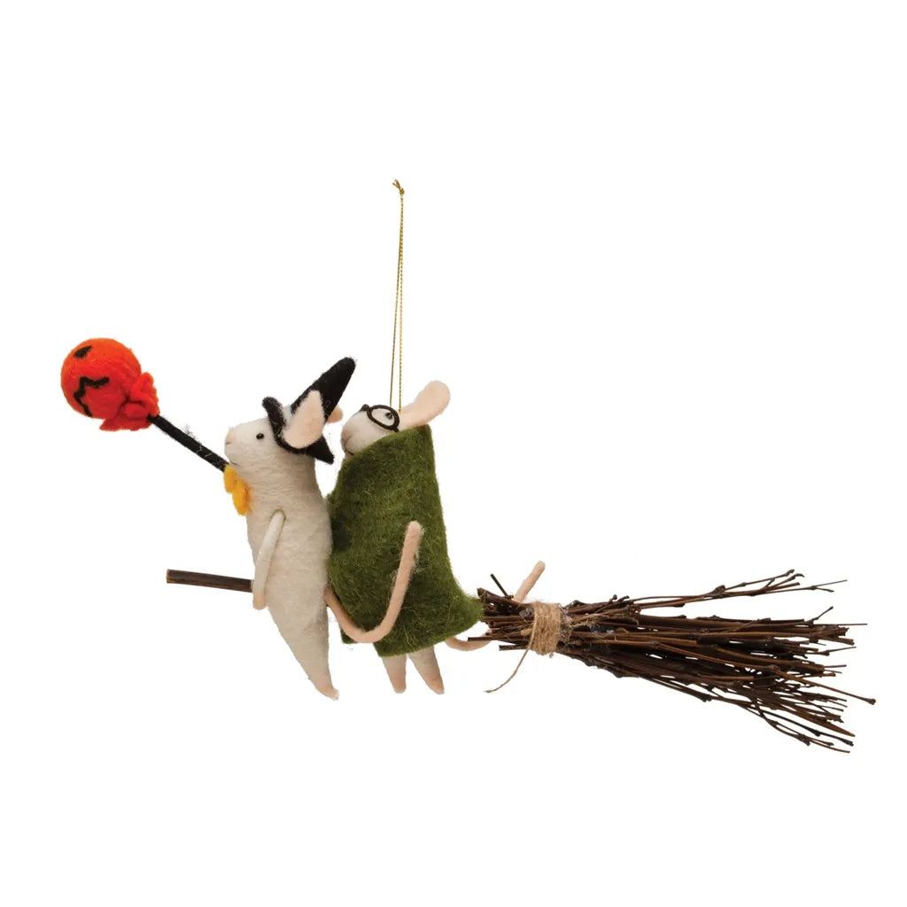 5"H Wool Felt Mice on Broomstick Ornament w/ Jack-O-Lantern Balloon