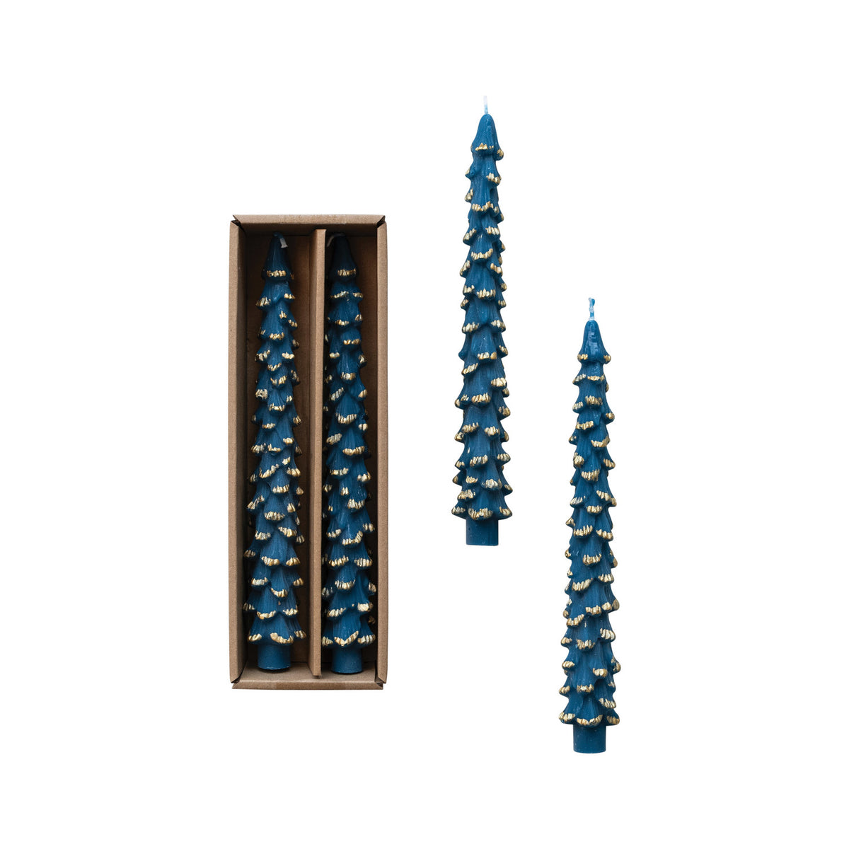 Unscented Tree Shaped Taper Candles w/ Gold Tips in Box, Blue Color, Set of 2