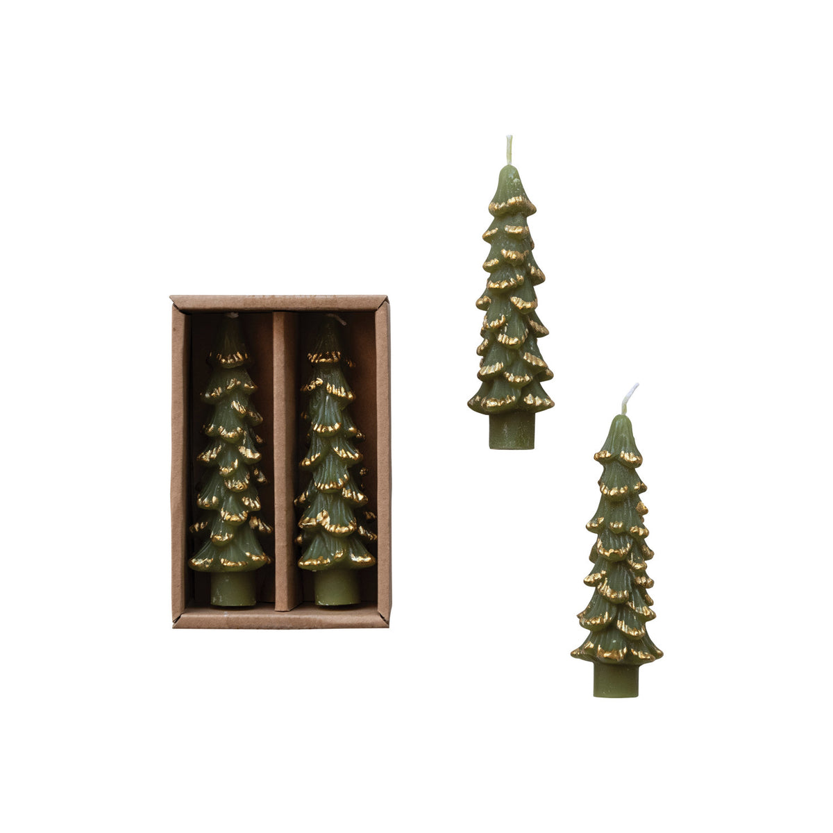 Unscented Tree Shaped Taper Candles Green w/ Gold Tips in Box, Set of 2