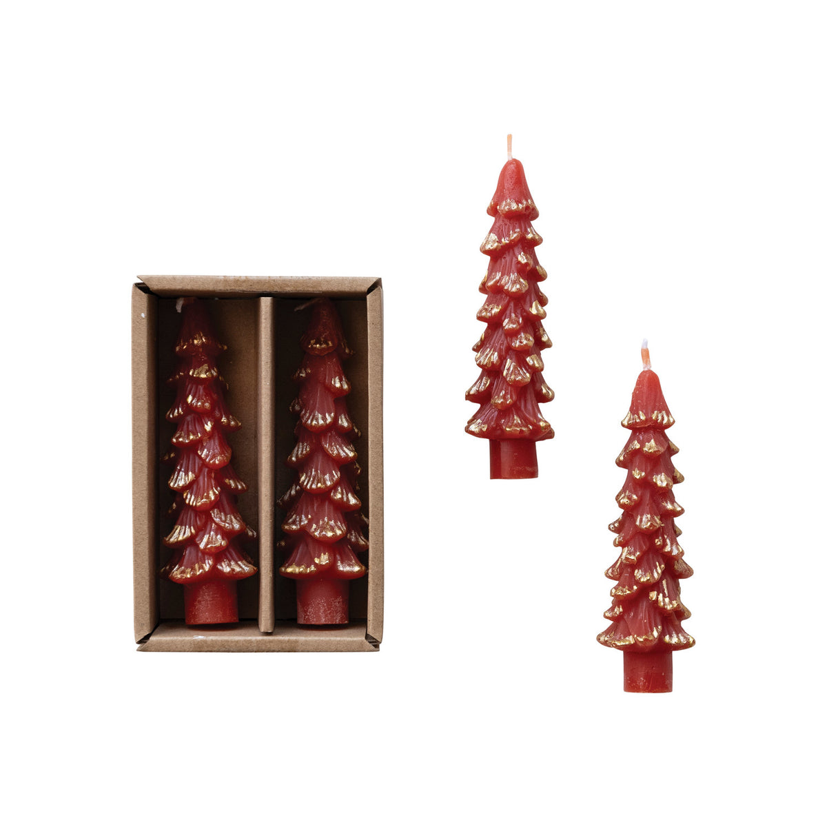 Unscented Tree Shaped Taper Candles Red w/ Gold Tips in Box, Set of 2