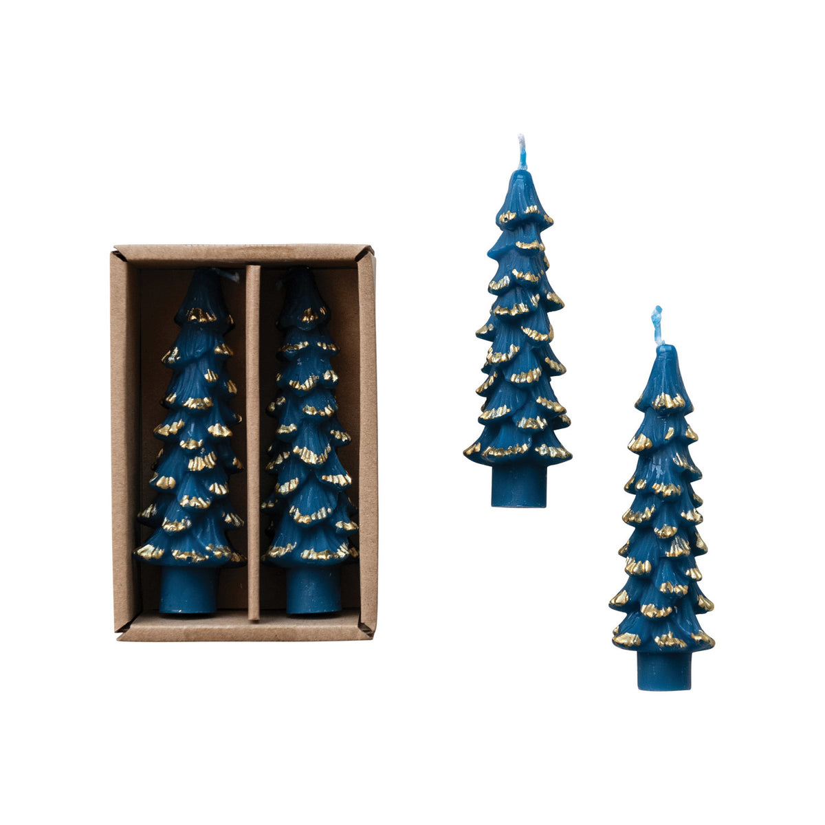 Unscented Tree Shaped Taper Candles Blue w/ Gold Tips in Box, Set of 2