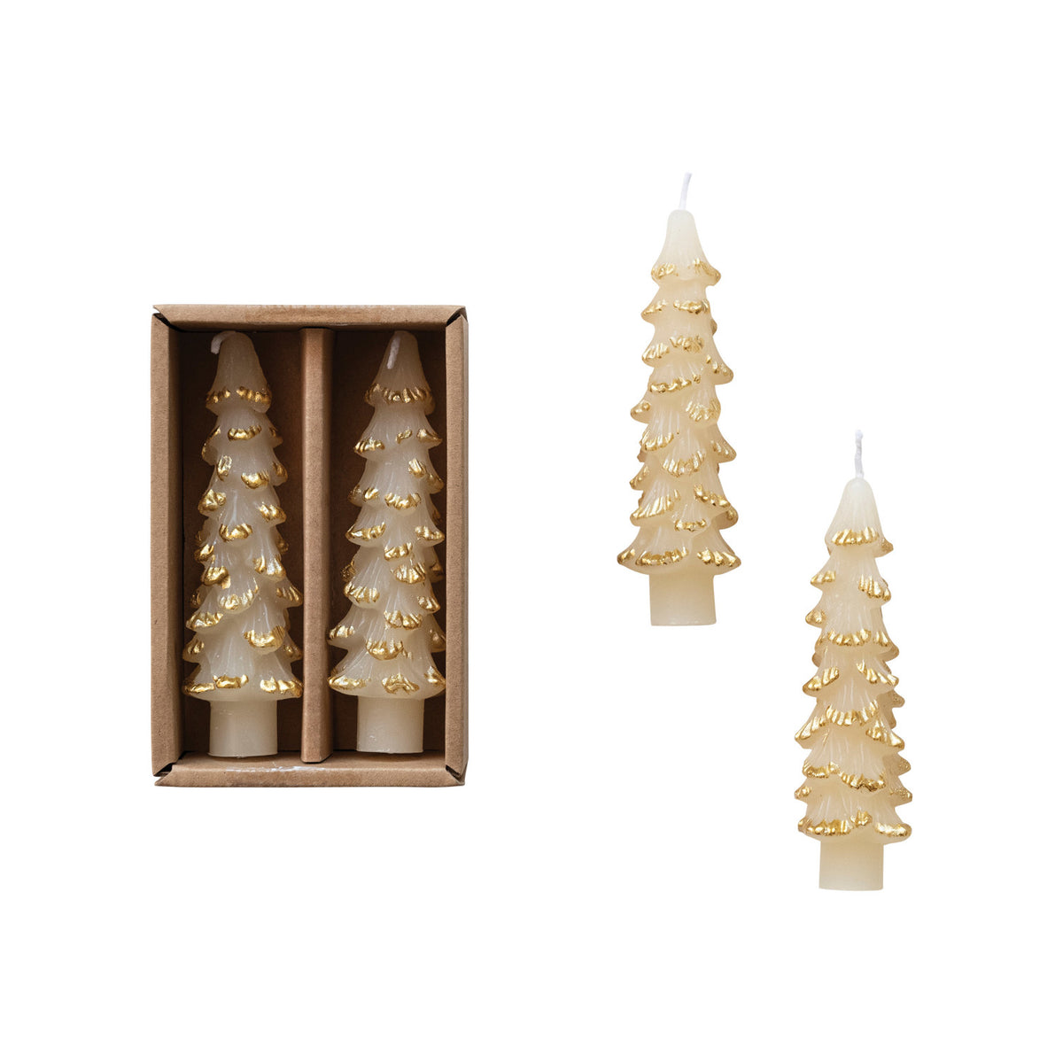 Copy of Unscented Tree Shaped Taper Candles Eggnog w/ Gold Tips in Box, Set of 2