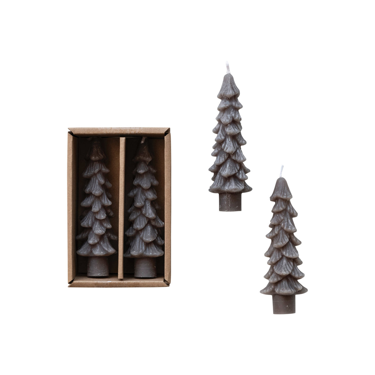 Unscented Tree Shaped Taper Candles in Box, Pewter Color, Set of 2