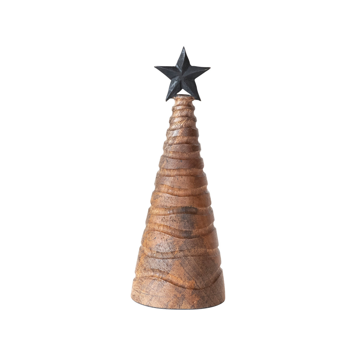 Carved Mango Wood & Metal Christmas Tree w/ Black Star, Natural