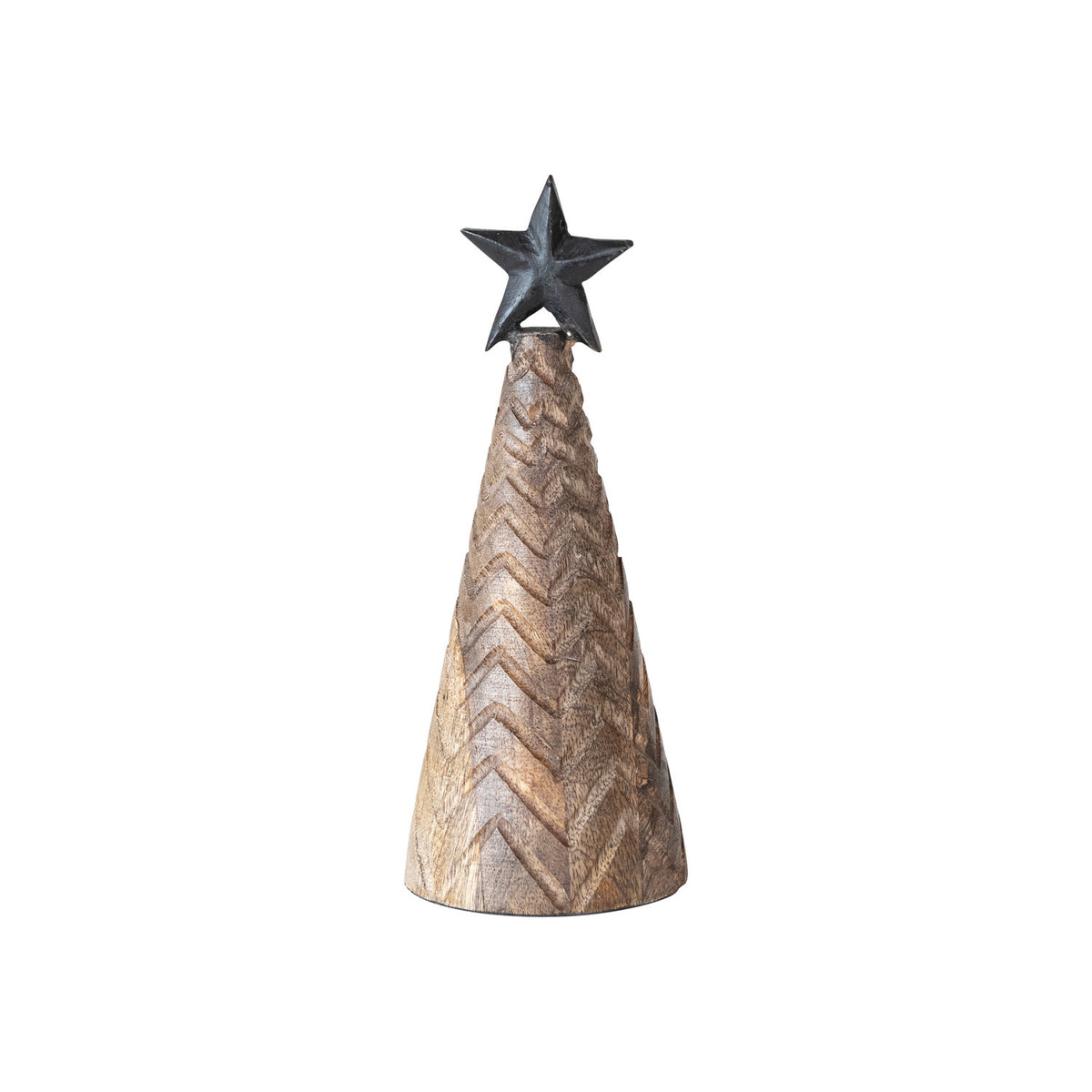 Carved Mango Wood & Metal Christmas Tree w/ Black Star, Natural