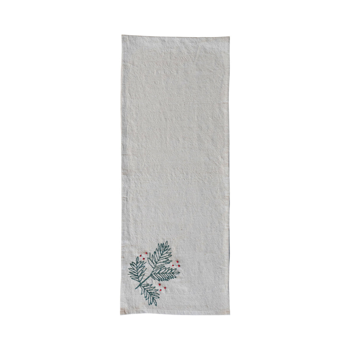 Woven Cotton & Linen Table Runner w/ Hand-Embroidered Holly & French Knots