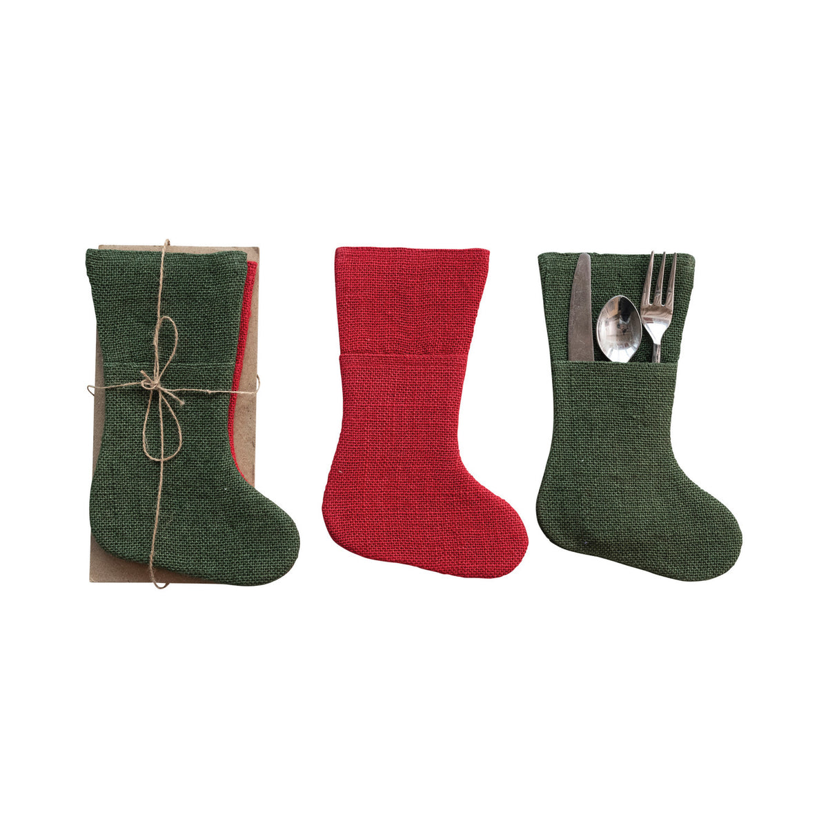 Woven Jute Stocking Shaped Cutlery Sleeves, Red & Green, Set of 4