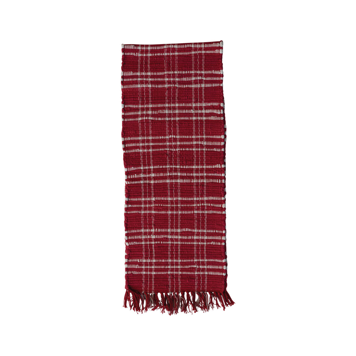 Hand-Woven Cotton Chindi Table Runner w/ Fringe, Red & White Plaid