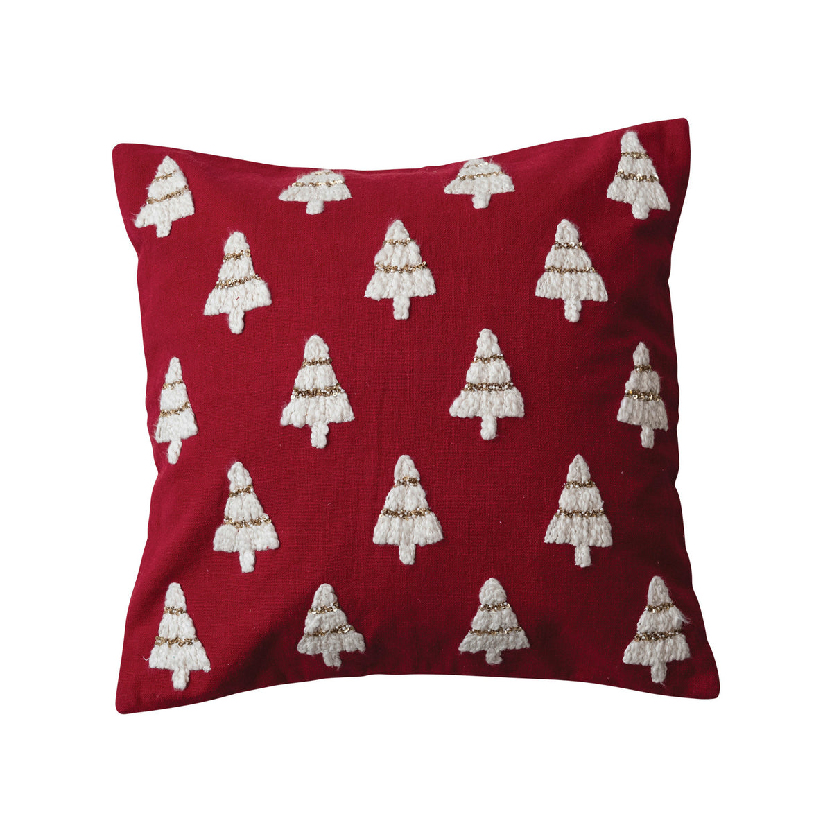 20" Square Cotton Slub Pillow w/ Embroidered Christmas Trees & Beads, Red & White