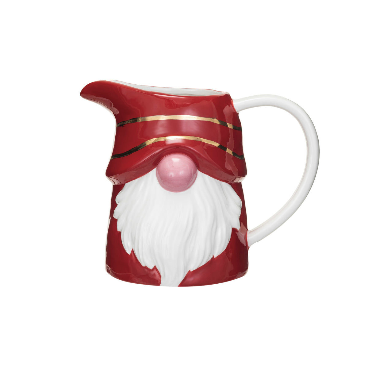 1 Quart Ceramic Gnome Pitcher w/ Gold Electroplating, Red & White