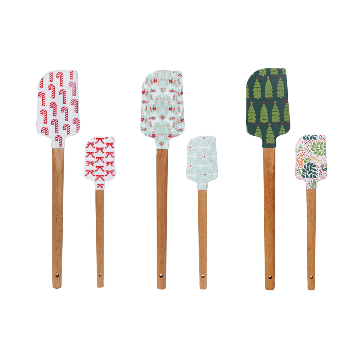 Silicone & Wood Spatulas w/ Holiday Pattern, 6 Styles, Set of 2 Sizes