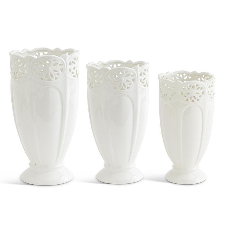 White Ceramic Vases w/Ornate Rim
