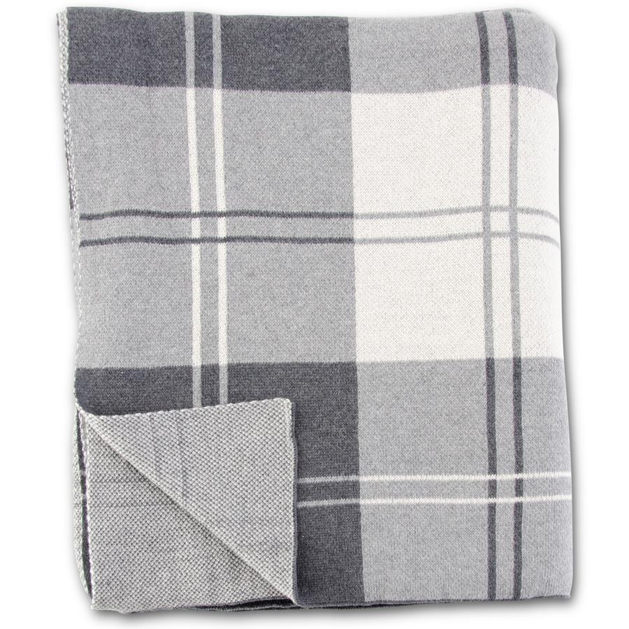 63" Cotton Knit Gray & Cream Tartan Plaid Throw Blanket