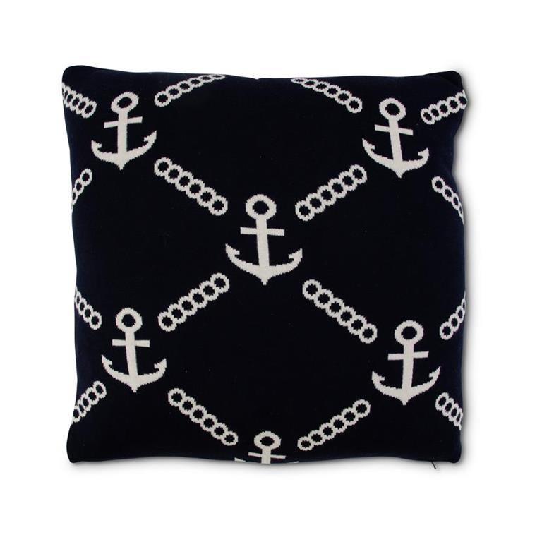 20 Inch Cotton Knit Blue & White Anchor Pillow