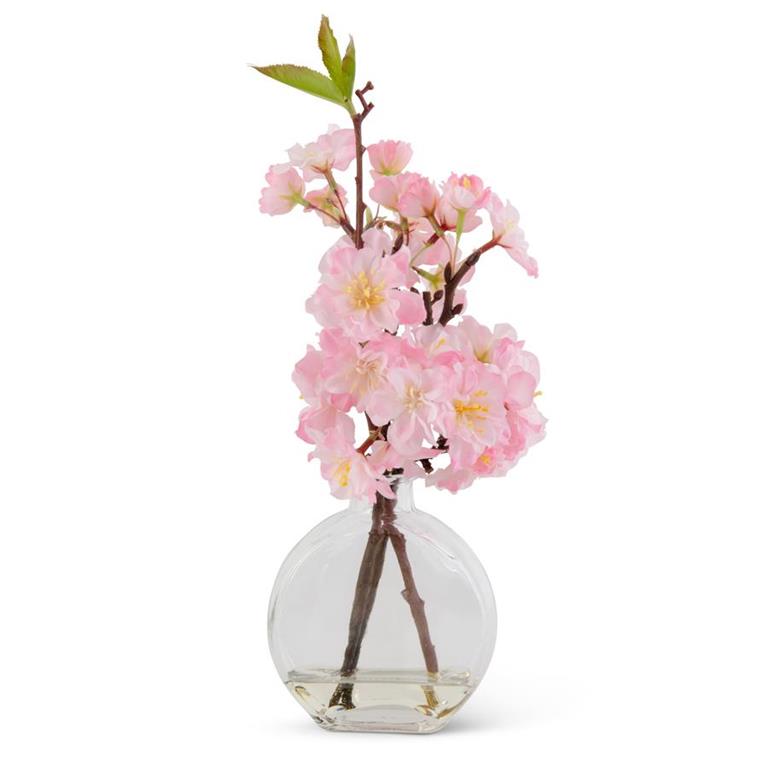 12 Inch Pink Cherry Blossom In Flat Round Glass Vase
