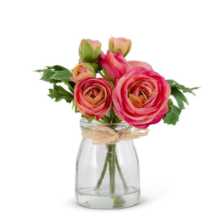 6.75 Inch Pink Ranunculus Bouquet in Glass Vase
