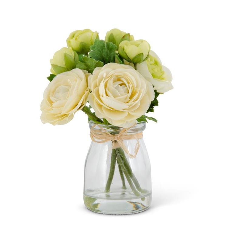 6.75 Inch White Ranunculus Bouquet in Glass Vase