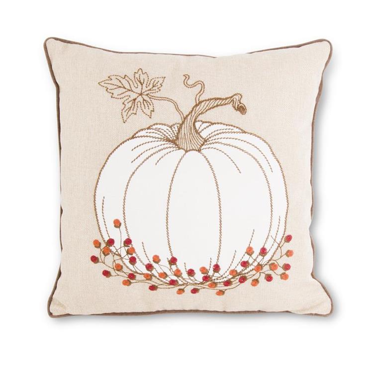 17 Inch Tan Square Pillow w/Embroidered Pumpkin